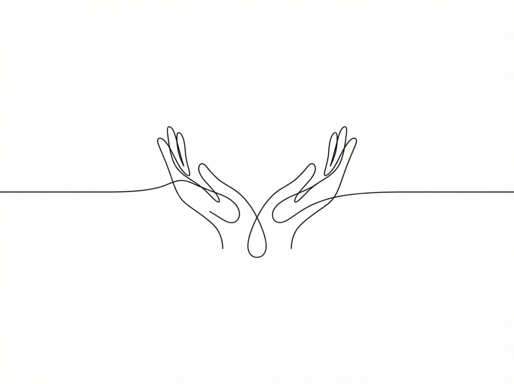 Minimalist continuous line drawing of open hands, representing the core value of gratitude and the privilege of serving client families.