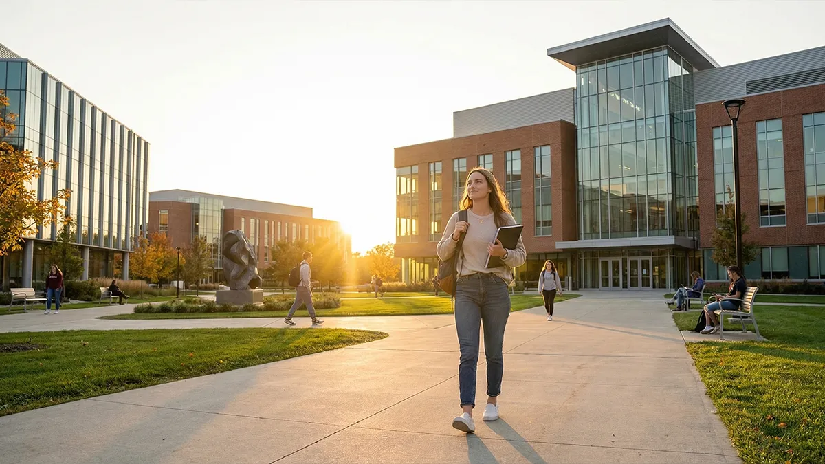 A young college student walking on a sunny university campus, representing the education funding goals of our ideal clients.