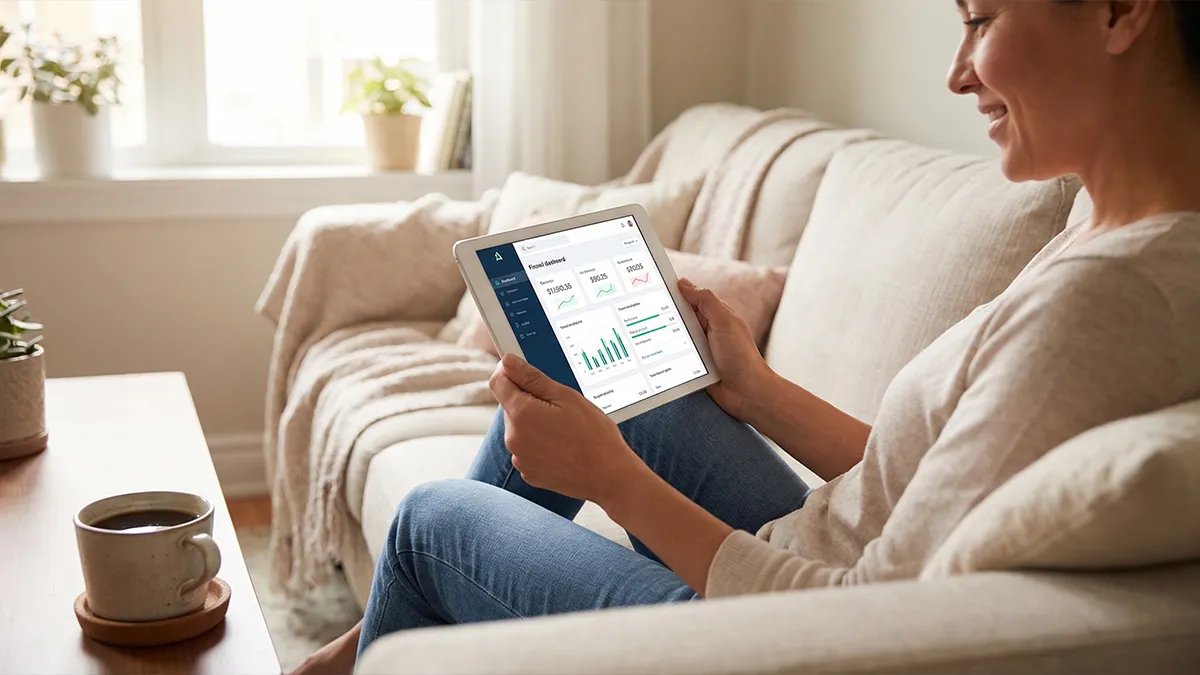 A relaxed woman sitting on a couch at home reviewing her personal financial dashboard and investment portfolio on a tablet.