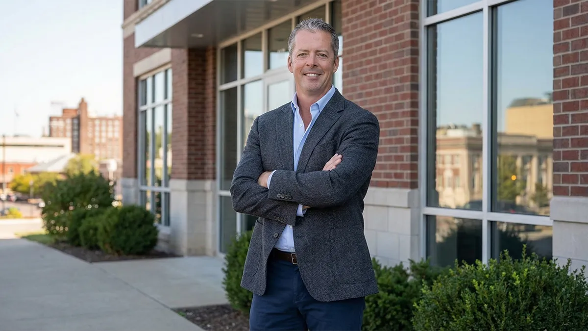 A confident business owner standing outside a commercial brick building, representing the successful professionals we help with wealth management.